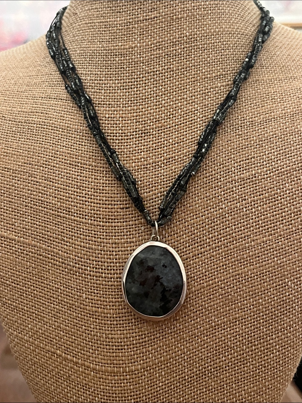 Silpada- N1895 Black Beaded Multi-Strand Necklace & Dark Feldspar Stone Pendant